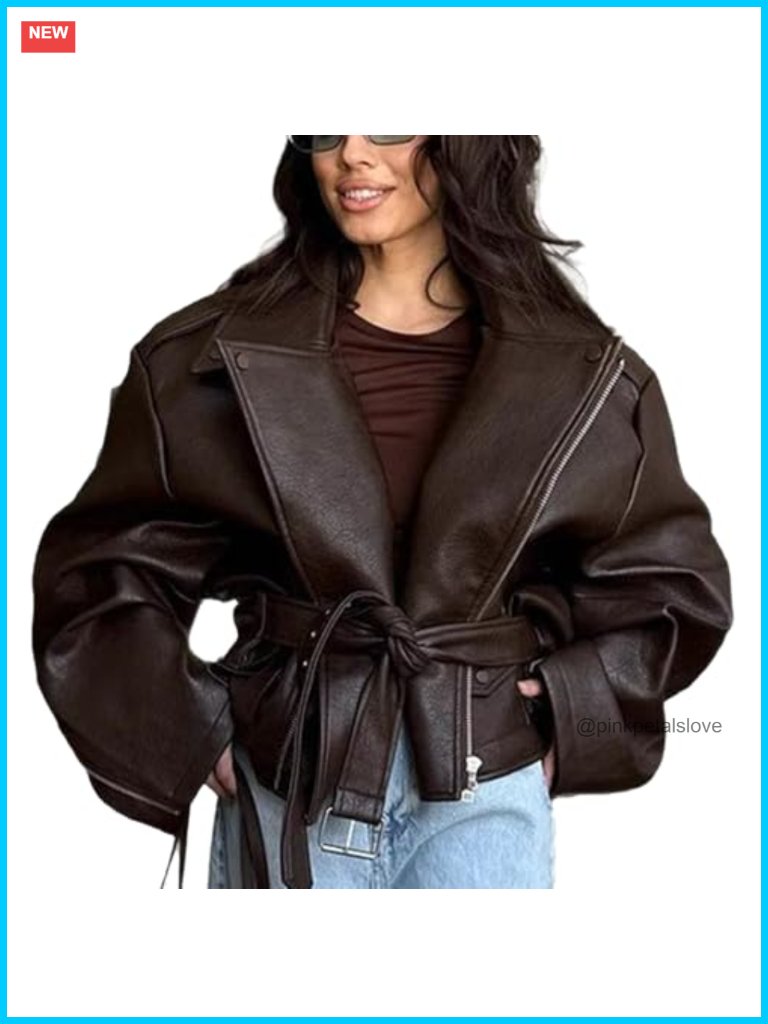 Oversized Cropped Motorcycle Jacket With Belt Y2k Streetwear Fall Winter Coat